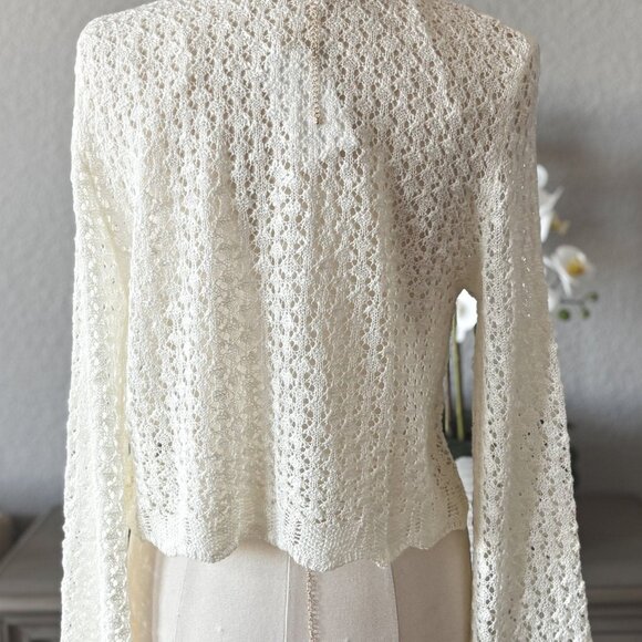 Women's Crochet Knit Tie Front Bell Sleeve Cardigan | Cream - Picture 2 of 7